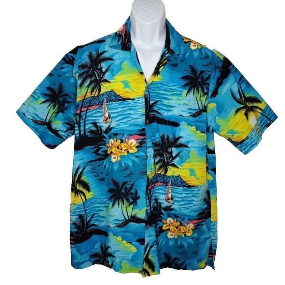 Mens Hawaiian Shirt XL Sunset Sailboat Palm Trees Flowers Blue Yellow - Picture 1 of 5